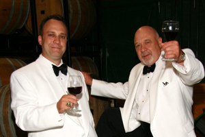 Jim Bogaty, CAS/BA '76, and his son, in the barrel room at Veramar Vineyards in Virginia.